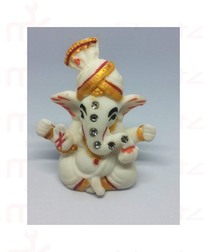 Lord Ganesh Ji with Pagdi Clay Idol Marble Finish for Car Dashboard Golden White