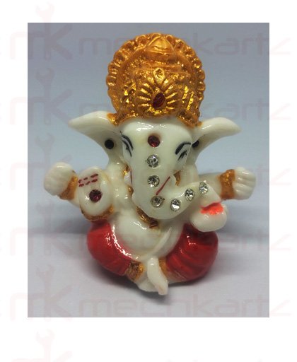 Lord Ganesh Ji Clay Idol Marble Finish for Car Dashboard Golden Red