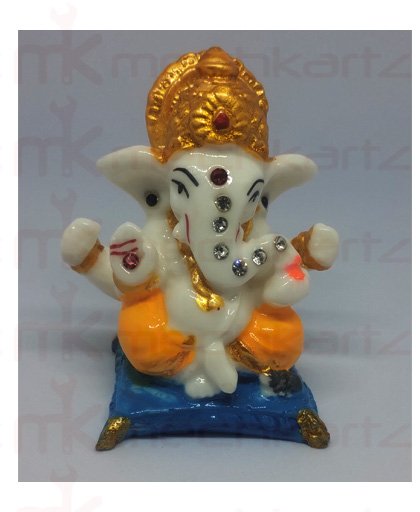 Lord Ganesh Ji Clay Idol Marble Finish with Asan for Car Dashboard Golden Yellow