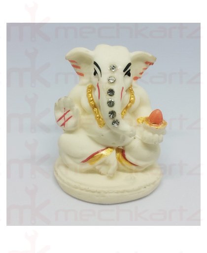Lord Ganesh Ji Clay Idol Marble Finish with Asan for Car Dashboard White